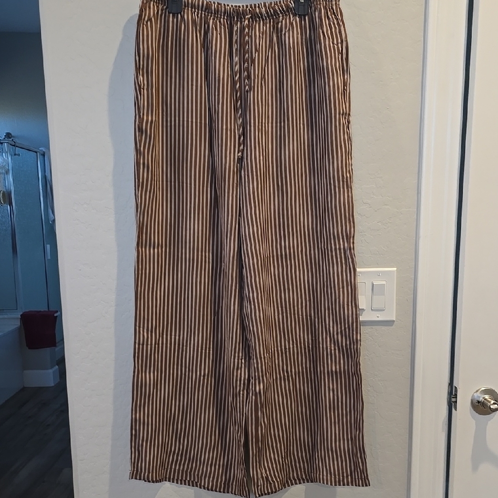 Wide Leg Striped Satin Pants in Brown